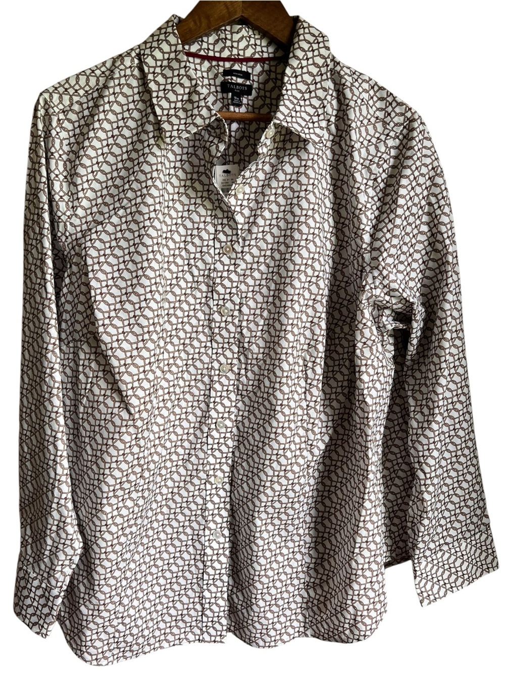NWT Talbots Plus 18W Non-Iron Chain Print Button Front Shirt Brown Ivory Preppy‎